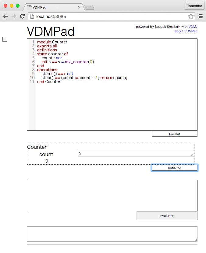 Initializing the counter example on VDMPad