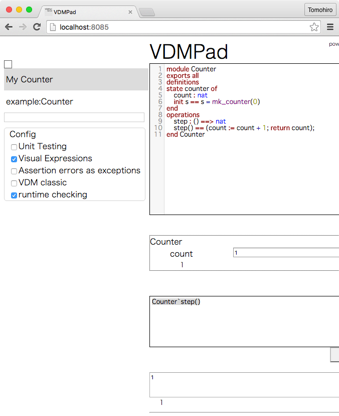 Evaluating the counter example on VDMPad